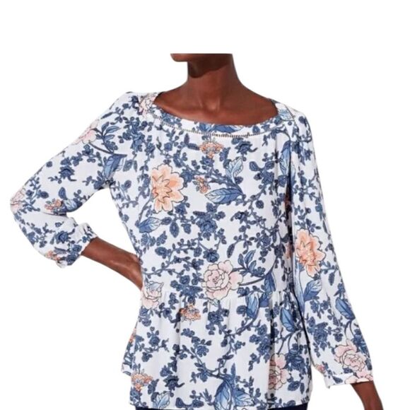 LOFT Floral Neck Details Blouse in white Sheer Floral Print L Navy and Peach - Picture 5 of 6
